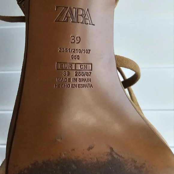 Zara Brown TAN Suede Straps Ankle Sandals Kitten Heel  Size 9 - Picture 6 of 8